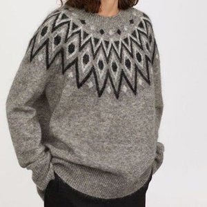 H&M Premium Light gray/Melange Fair Isle Print Wool Sweater